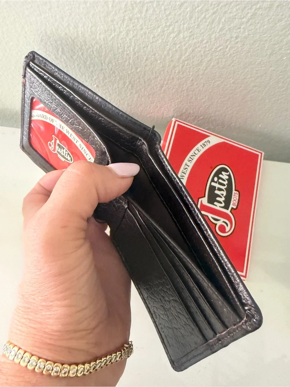 Justin Boots Black Wallet with cognac Accent Stitching New